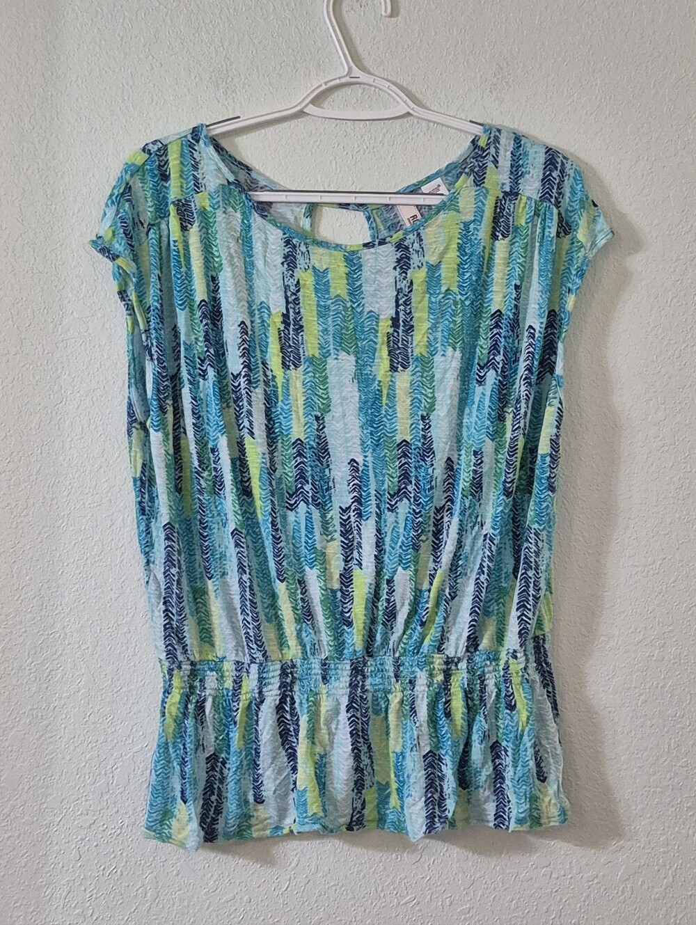 Route 66 Aqua, Teal & Navy Patterned Cap-Sleeve Peplum Top